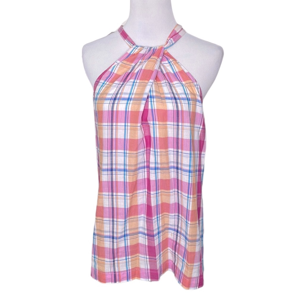 Tommy Bahama Pink Plaid Twist Neckline Tie Back Sleeveless Halter Top